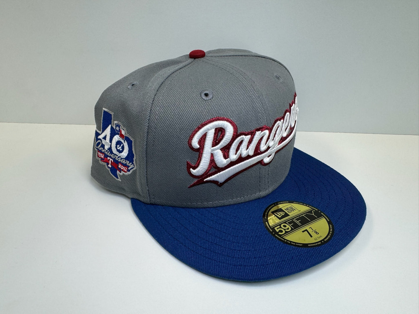 Two tone Texas Rangers script 40th anniversary grey/blue