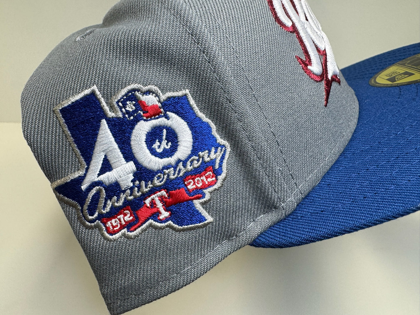 Two tone Texas Rangers script 40th anniversary grey/blue